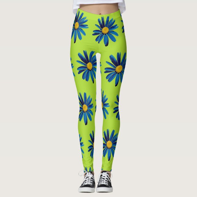 Lime Green & Blue Daisies Pop Art Leggings (Front)