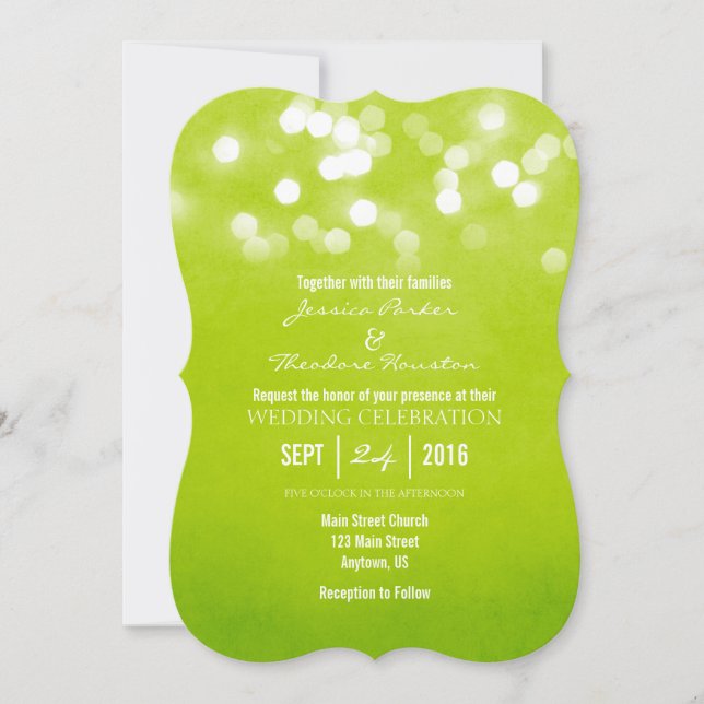 Lime Green Bokeh Glitter Lights Wedding Invitation (Front)