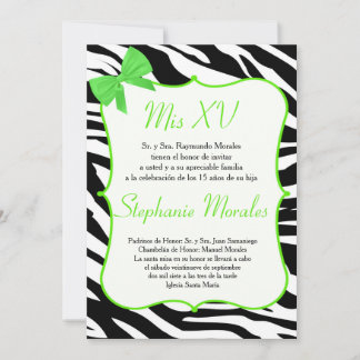 Lime Green Bow and Zebra Quinceanera Invitation
