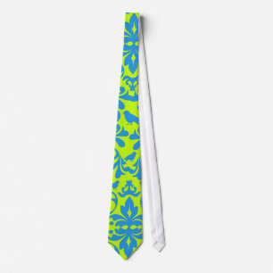lime green bright blue bird damask pattern tie