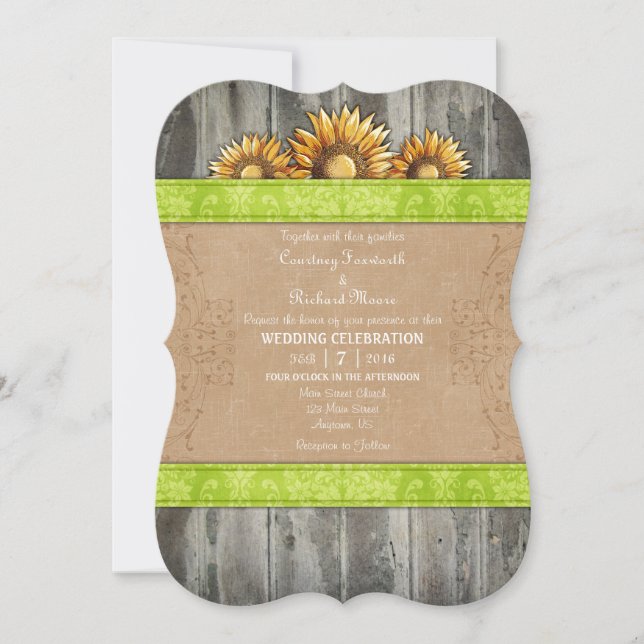 Lime Green Brown Rustic Sunflower Wedding Invite (Front)