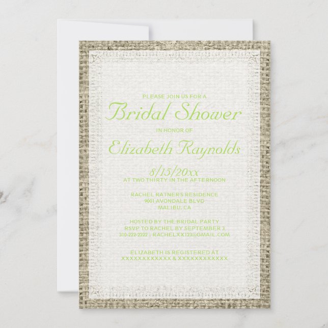 Lime Green Burlap Bridal Shower Invitations (Front)