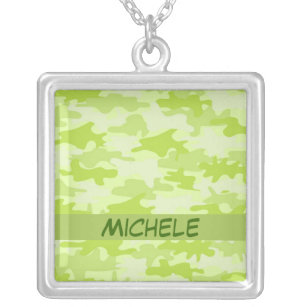 Lime Green Camo Camouflage Name Personalised Silver Plated Necklace