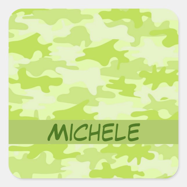 Lime Green Camo Camouflage Name Personalised Square Sticker (Front)