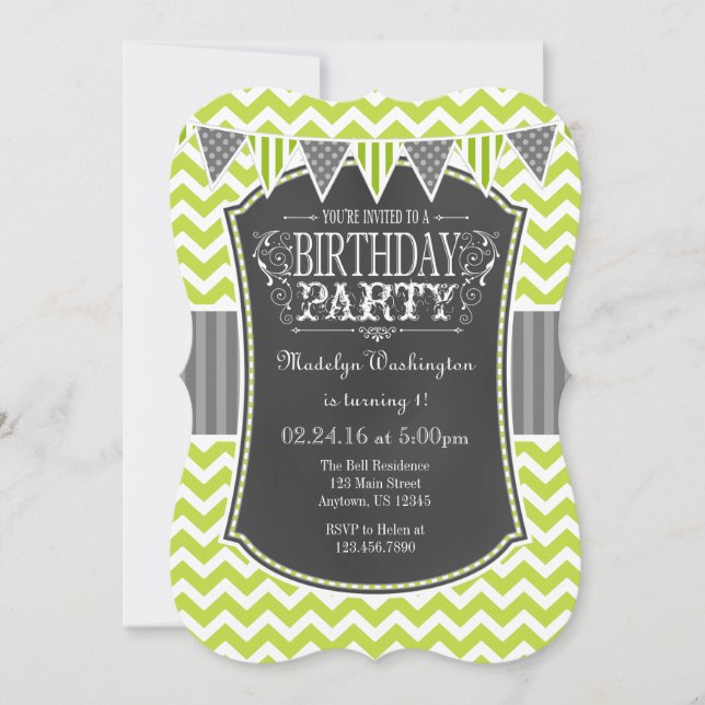 Lime Green Chalkboard Chevron Birthday Invite (Front)