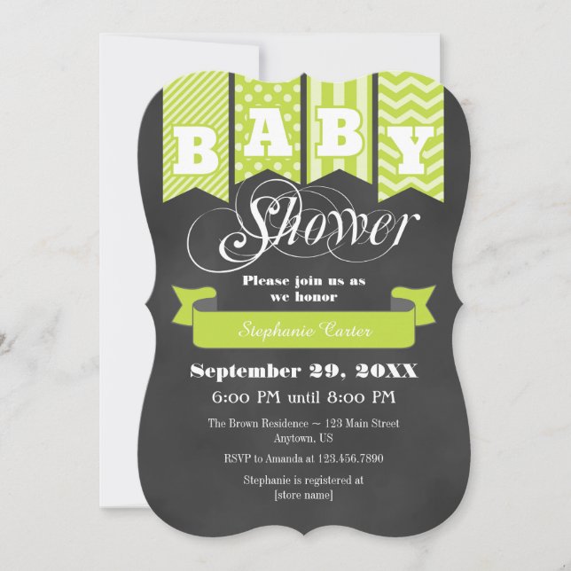 Lime Green Chalkboard Flag Baby Shower Invite (Front)