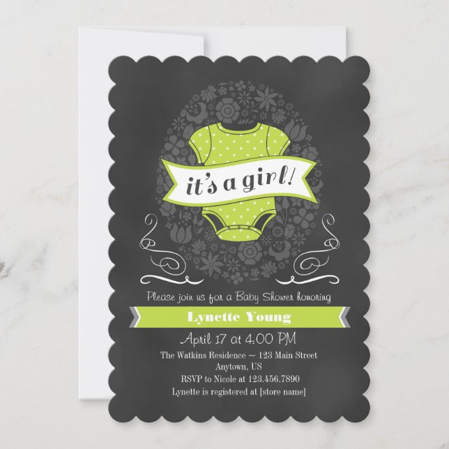 Lime Green Chalkboard Girl Baby Shower Invite (Front)