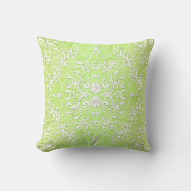 Lime Green Chartreuse Floral Damask Cushion (Front)