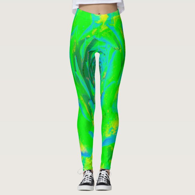 Lime Green Chartreuse Succulent Sedum Rosette Leggings (Front)