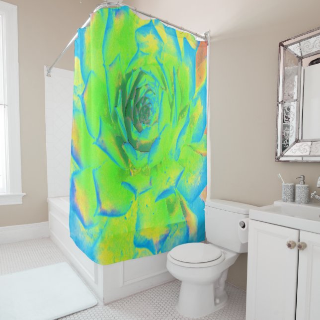 Lime Green Chartreuse Succulent Sedum Rosette Shower Curtain (In Situ)