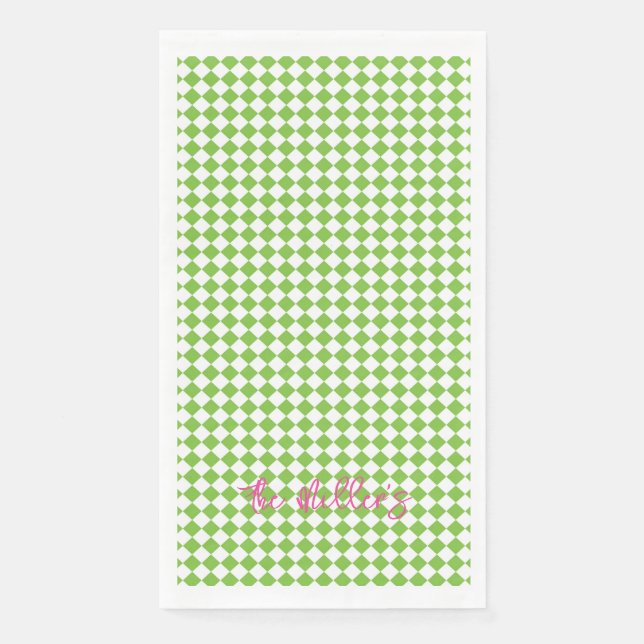 Lime Green Check Pink NAME Festive Fun Preppy Napkin (Front)