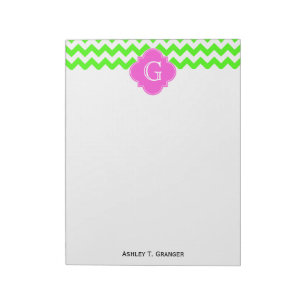 Lime Green Chevron Hot Pink Quatrefoil Monogram Notepad