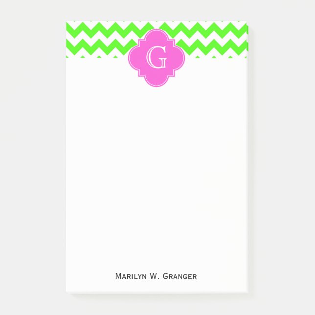 Lime Green Chevron Hot Pink Quatrefoil Monogram Post-it Notes (Front)