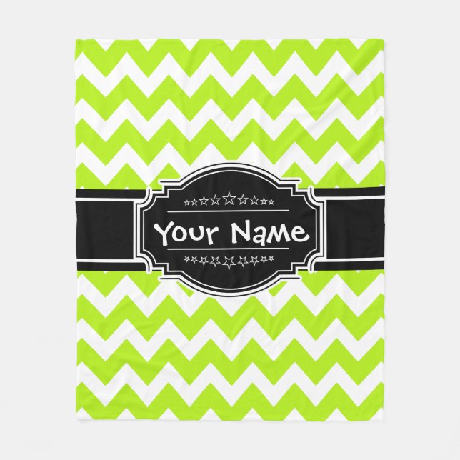 Lime Green Chevron with Black Personalised Name Fleece Blanket (Front)