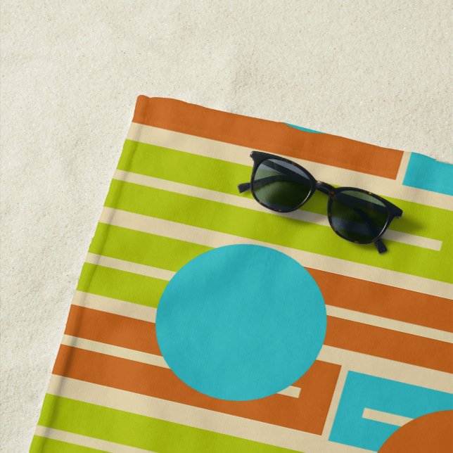 Lime Green, Cinnamon Brown, Turquoise Rectangles Beach Towel (In Situ)