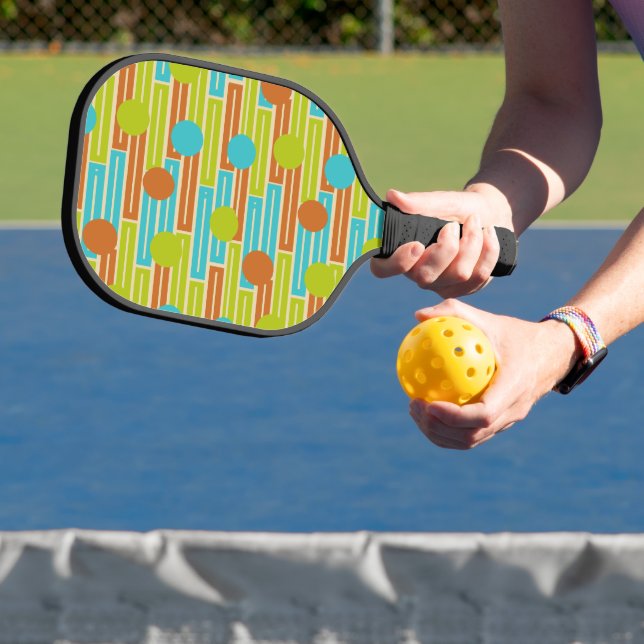 Lime Green, Cinnamon Brown, Turquoise Rectangles Pickleball Paddle (Insitu)