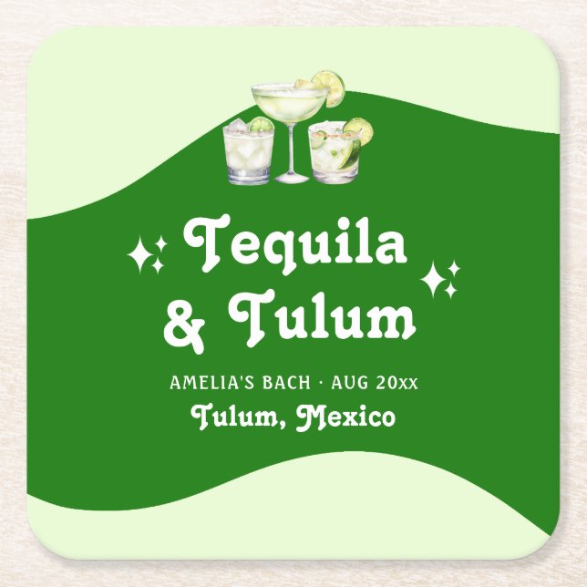 Lime Green Citrus Tequila & Tulum Bachelorette Square Paper Coaster (Front)