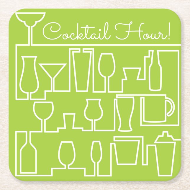 Lime green cocktail party square paper coaster (Front)