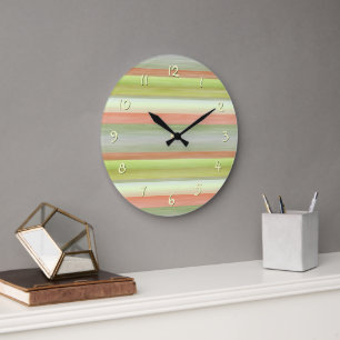 Lime Green Coral Orange Watercolor Stripes Pattern Large Clock