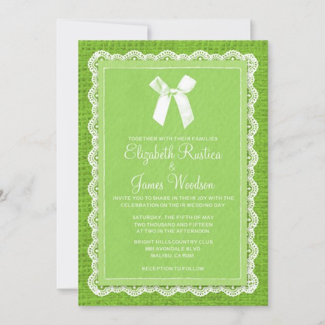 Lime Green Country Burlap Wedding Invitations (Front)