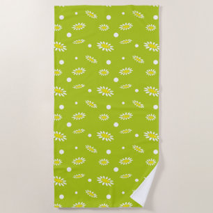 Lime Green Daisy Polka Dot Retro Spring Pattern Beach Towel