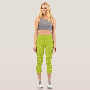 Lime Green Daisy Polka Dot Retro Spring Pattern Capri Leggings