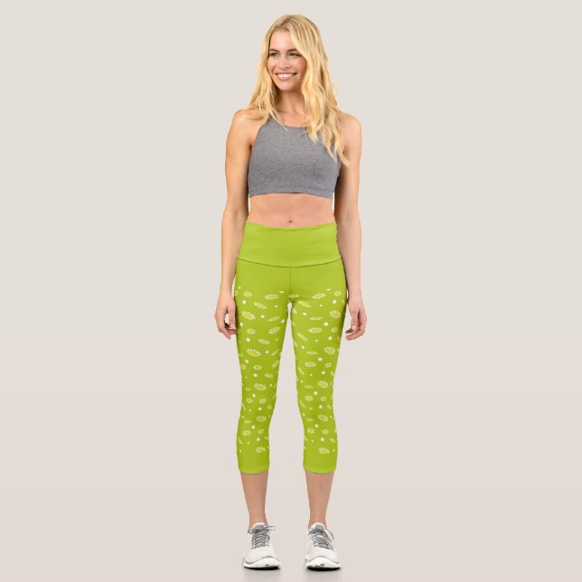 Lime Green Daisy Polka Dot Retro Spring Pattern Capri Leggings (Front)