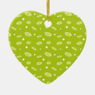 Lime Green Daisy Polka Dot Retro Spring Pattern Ceramic Ornament