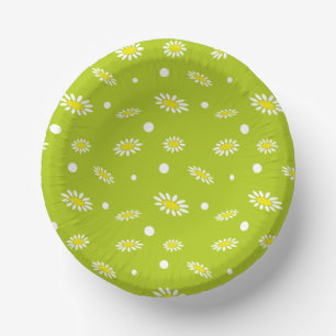 Lime Green Daisy Polka Dot Retro Spring Pattern Paper Plate