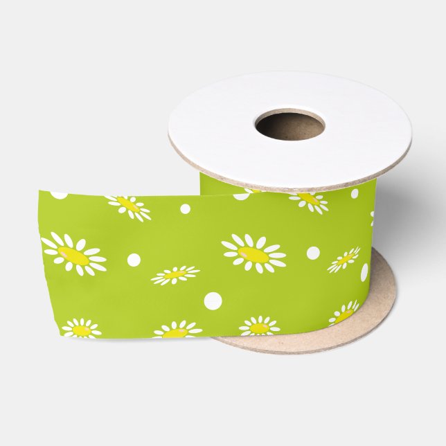 Lime Green Daisy Polka Dot Retro Spring Pattern Satin Ribbon (Spool)