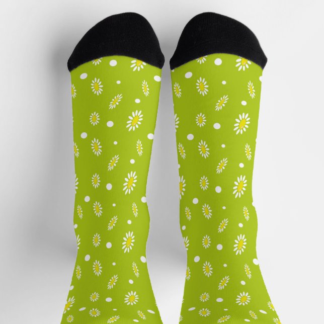 Lime Green Daisy Polka Dot Retro Spring Pattern Socks (Top)