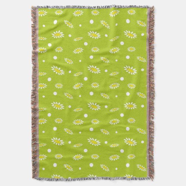 Lime Green Daisy Polka Dot Retro Spring Pattern Throw Blanket (Front Vertical)