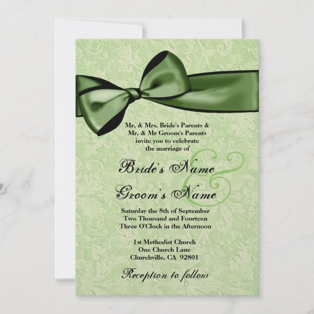 Lime Green Damask and  Green Bow Wedding Y026 Invitation (Front)