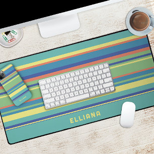 Lime Green Dark Blue Orange Sunny Yellow Stripes Desk Mat