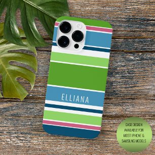 Lime Green Dark Teal Blue Hot Pink White Striped iPhone 14 Pro Max Case