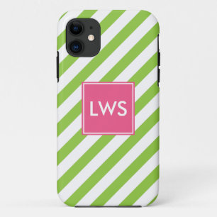 Lime Green Diagonal Stripes Monogram iPhone 11 Case