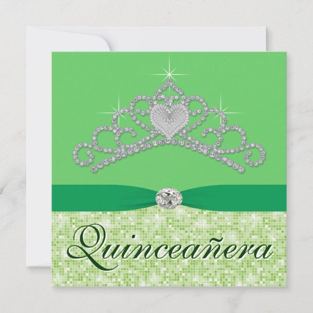 Lime Green Diamond Tiara Green Quincenera Invitation (Front)