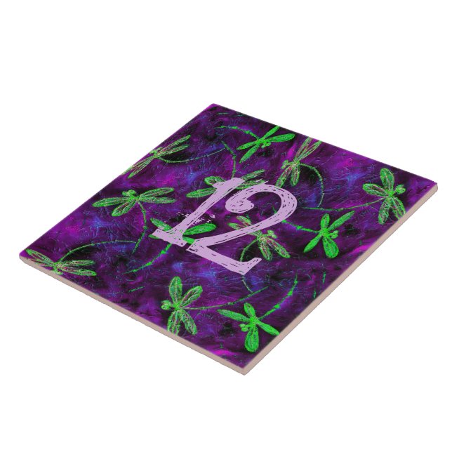 Lime Green Dragonflies on Hot Pink and Purple Tile (Side)