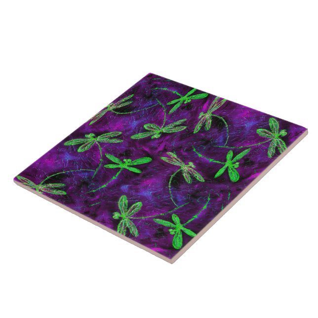 Lime Green Dragonflies on Pink & Purple Ceramic Tile (Side)