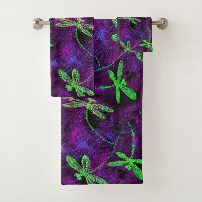 Lime Green Dragonflies on Purple and Pink Bath Towel Set (Insitu)