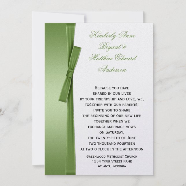 Lime Green FAUX Ribbon Bow Wedding Invitation (Front)