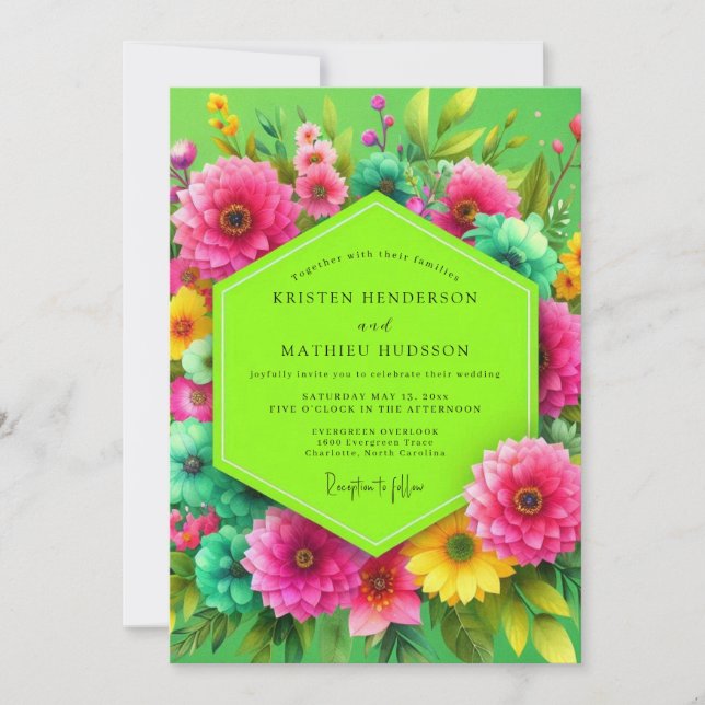 Lime Green Floral Bloom Wedding Invitation (Front)