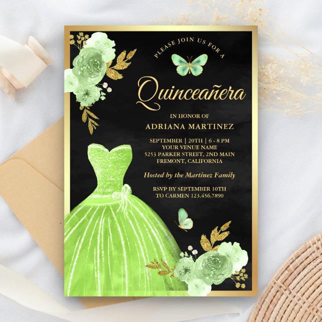 Lime Green Floral Butterfly Black Gold Quinceanera Invitation (Creator Uploaded)