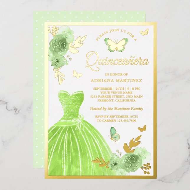 Lime Green Floral Dress Butterfly Quinceanera Gold (Front/Back)