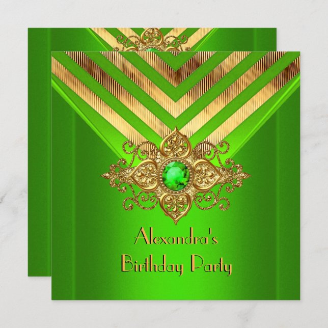 Lime Green Gem Gold Deco Stripe Birthday Party Invitation (Front/Back)