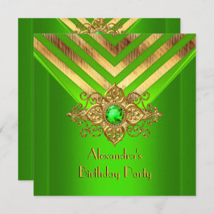 Lime Green Gem Gold Deco Stripe Birthday Party Invitation
