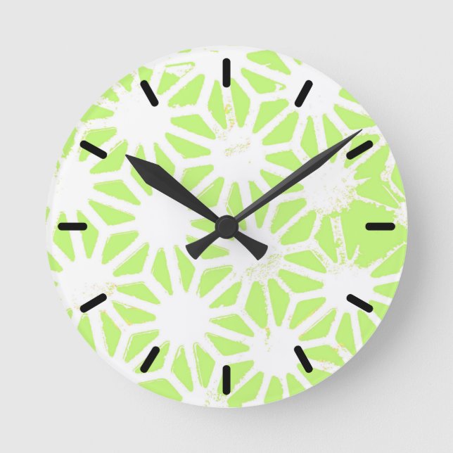 Lime green geometric pattern round clock (Front)