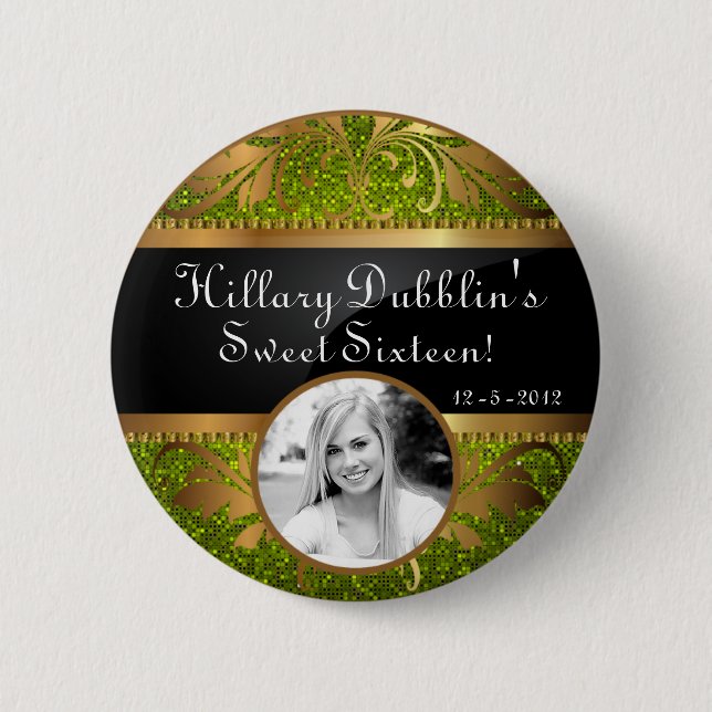 Lime Green Glitter Sequin Disco Glitz Photo Button (Front)