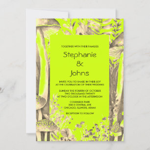 Lime Green Gold Brown Mushrooms Woodland Wedding Invitation