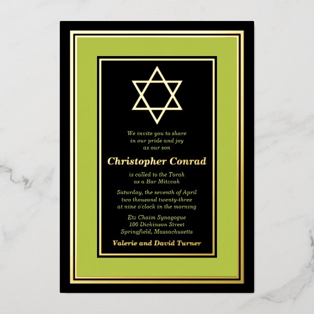 Lime Green Gold Foil Star of David Bar Mitzvah (Front)
